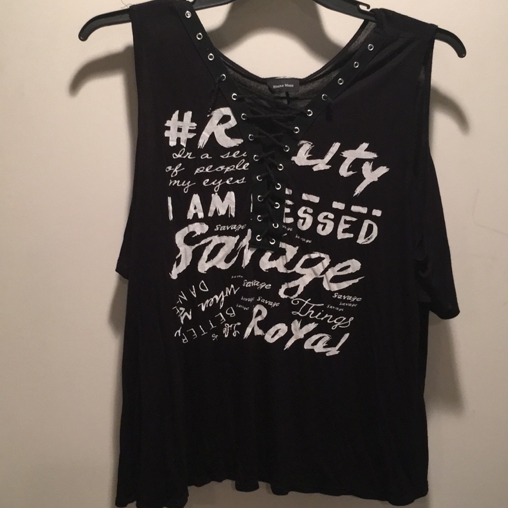 Short sleeve cold shoulder shirt.